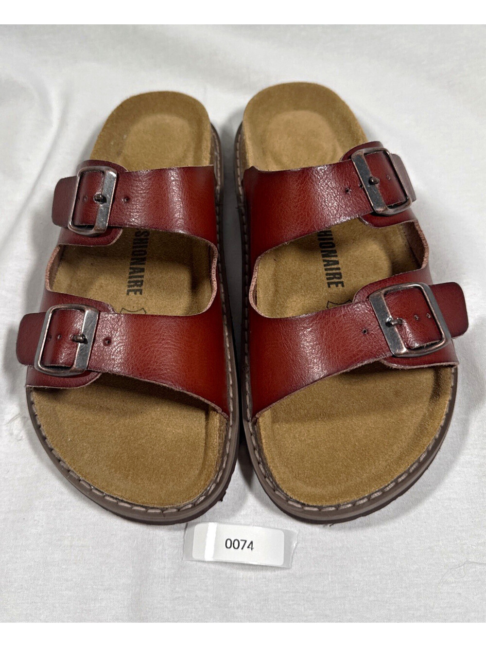 CUSHIONAIRE Women’s Brown Leather Slide Sandals Double Buckle Adjustable 6.5M